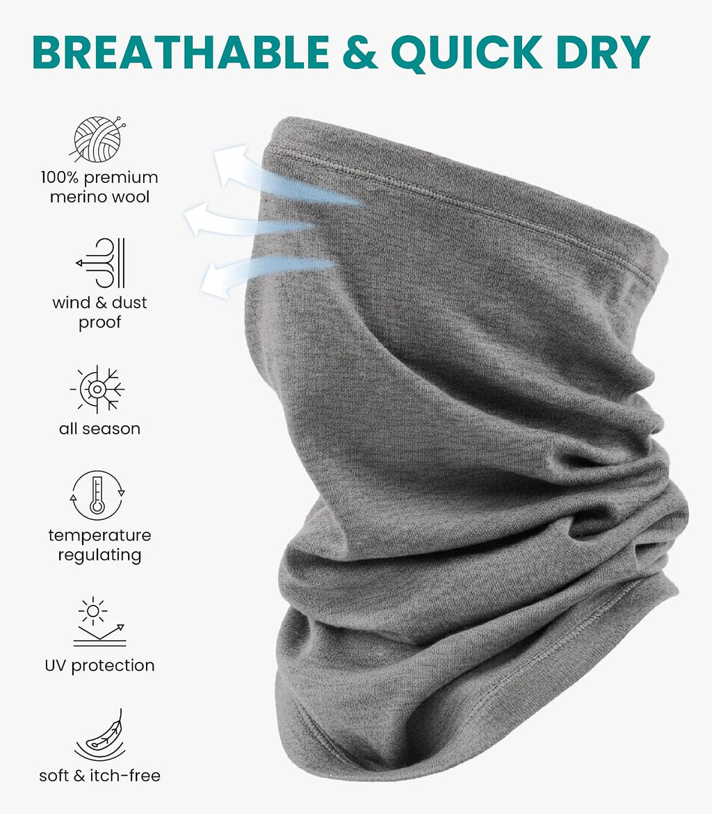 100% Merino Wool Neck Gaiter, 17.5um Face Mask, Unisex Neck Warmer 1-2 Pack