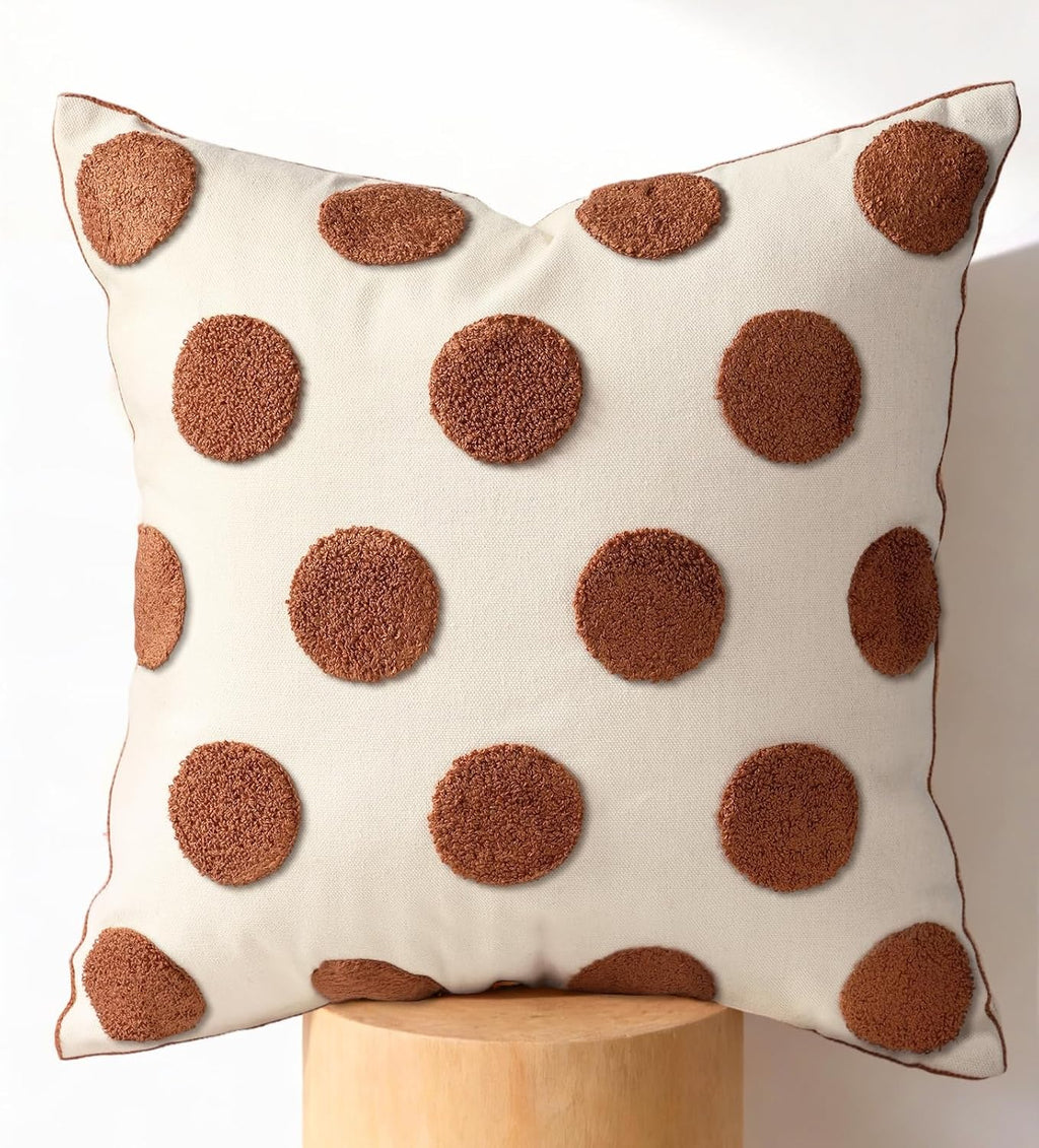 Fall Embroidered Throw Pillow Cover 18x18 Inch, Brown Polka Dot