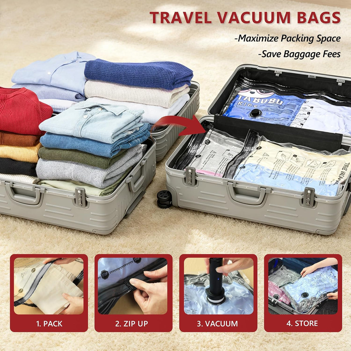 Travel Vacuum Bags for Clothing with Cordless Pump 12 Combo, Clear