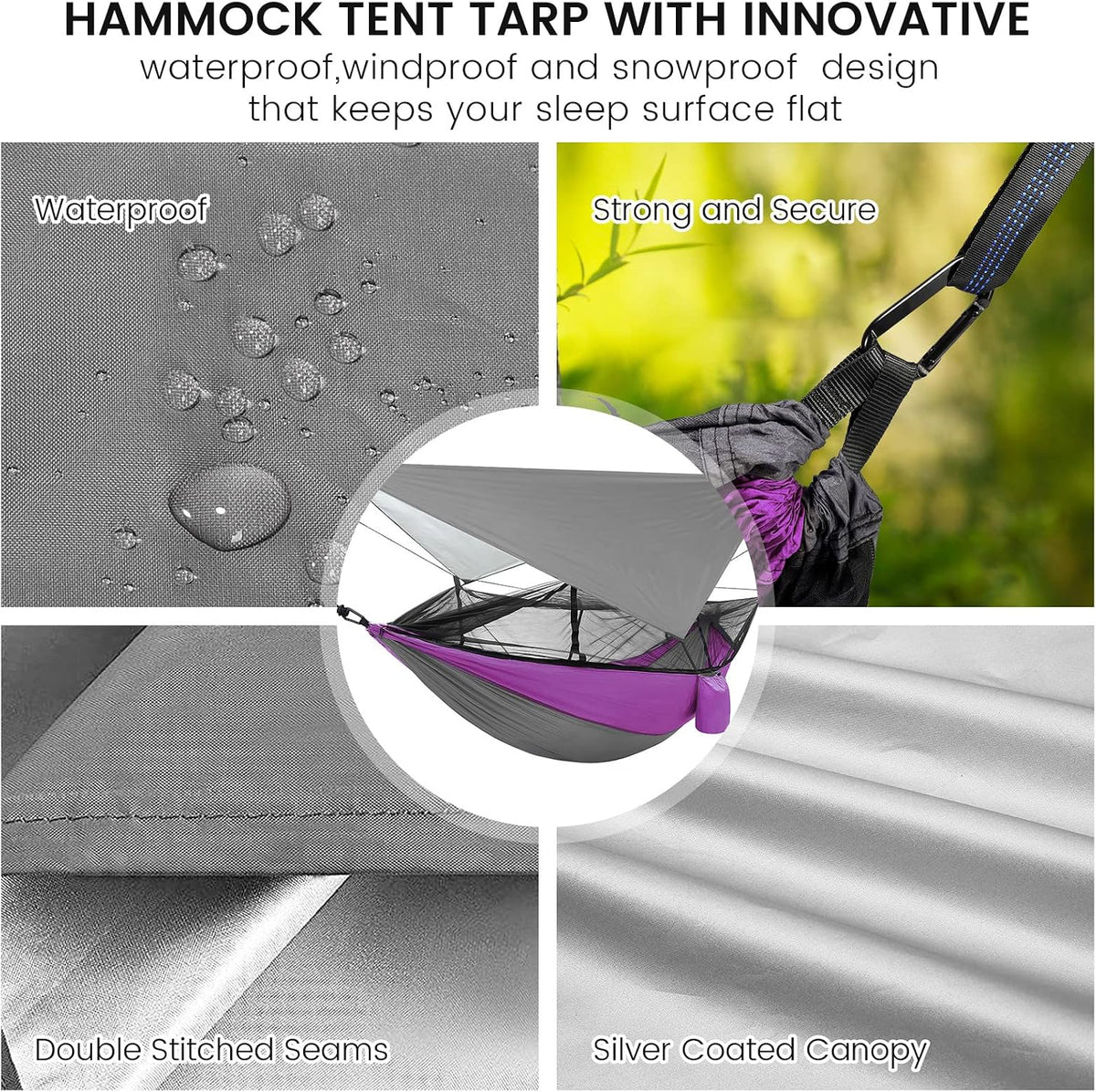 Camping Hammock with Mosquito Net & Rain Fly Tent Tarp & Tree Straps Portable Strong Nylon Hammock Tent w/Storage Bag for Camping Hiking Backyard Outdoor Backpacking Travel