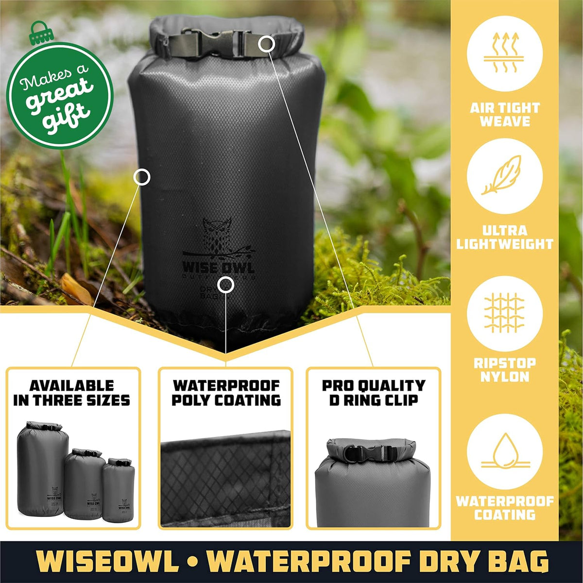 Wise Owl Outfitters Waterproof Dry Bag 3-Pack – Lightweight & Airtight 5L/10L/20L Small & Large Dry Bags for Kayaking, Beach, Travel, Boating, Hiking