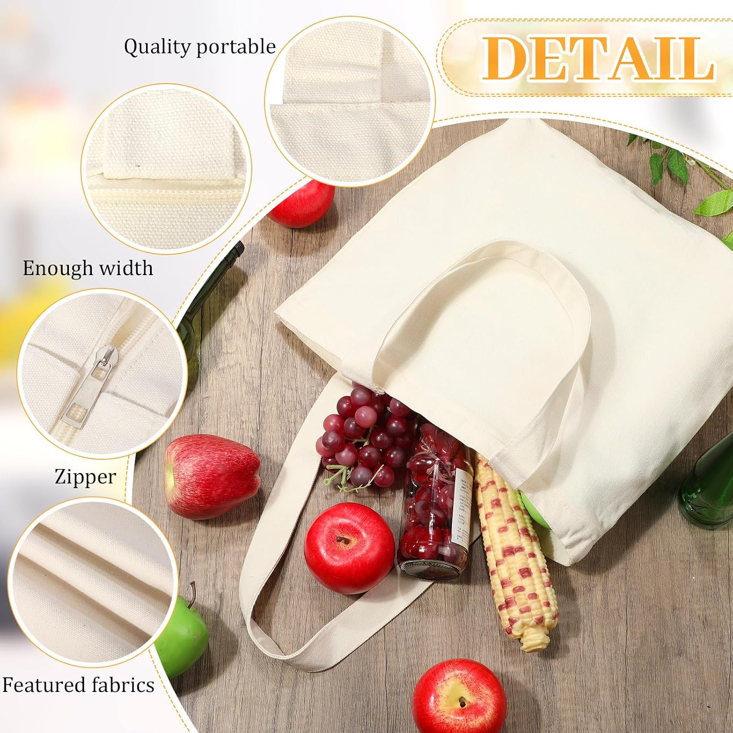 Silkfly 20 Pcs Canvas Tote Bags Bulk 16.5x13.4'' Blank Cotton Canvas Bag with Zipper Handles Reusable Plain Grocery Makeup Handbag for DIY (Beige)