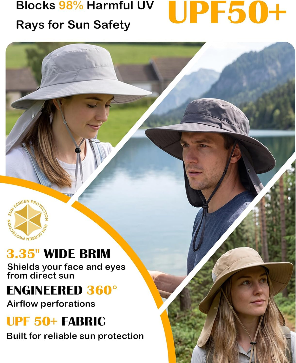Home Prefer UPF 50+ Wide Brim Sun Hats with Neck Flap Sun Protection Hat for Men Women Gardening Fishing Summer Bucket Hat