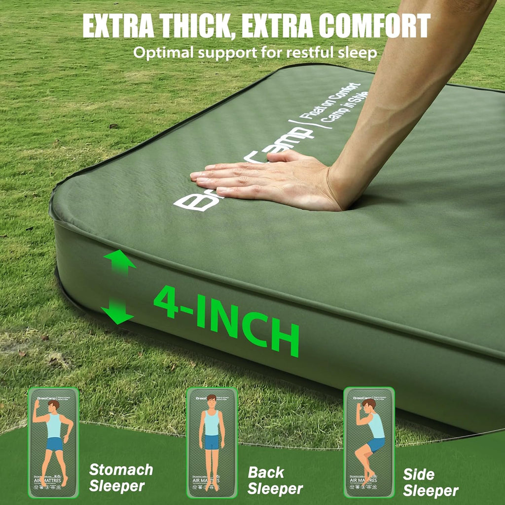 Self Inflating Sleeping Pad With Electric Pump, 4" Thick Memory Foam Sleeping Pad For Camping, 9.5 R-Value Insulated Sleeping Mat, All Season Camping Air Mattress For Tent Travel Car (Green)