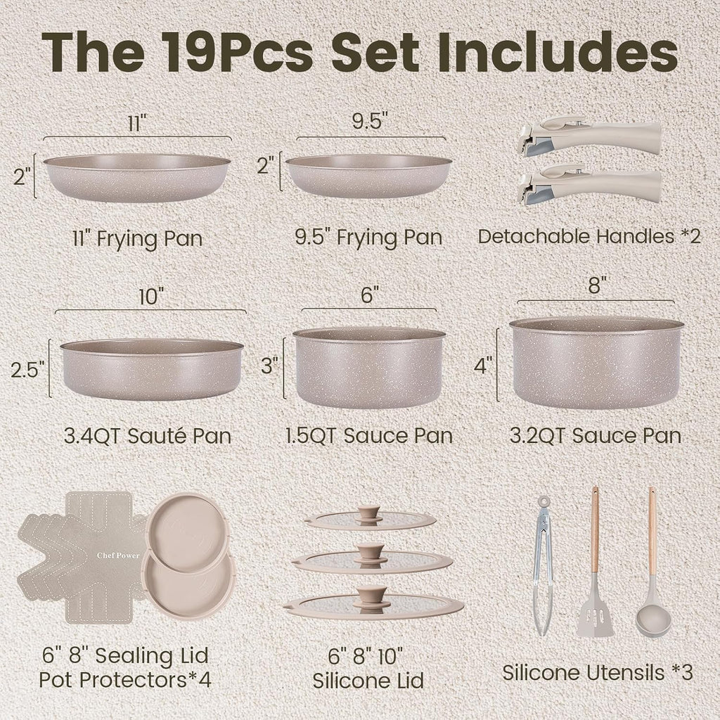 Chef Power Ceramic Nonstick Pots and Pans Set 19 Piece with Detachable Handle, Induction Dishwasher Oven Safe Cookware Set, RV Kitchen Set Removable Handle, Mocca Taupe