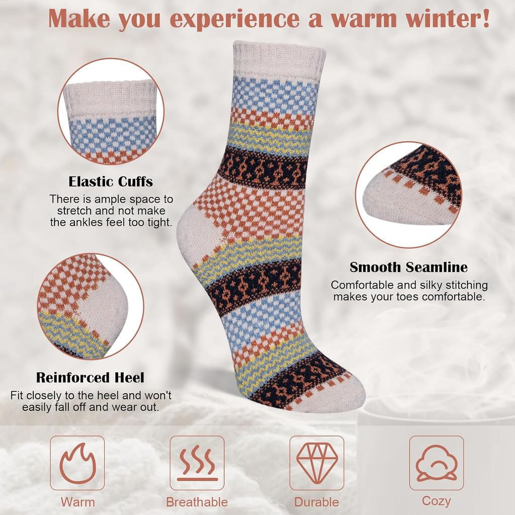 Senker Fashion Wool Socks for Women, 5 Pairs Winter Warm Crew Boot Socks