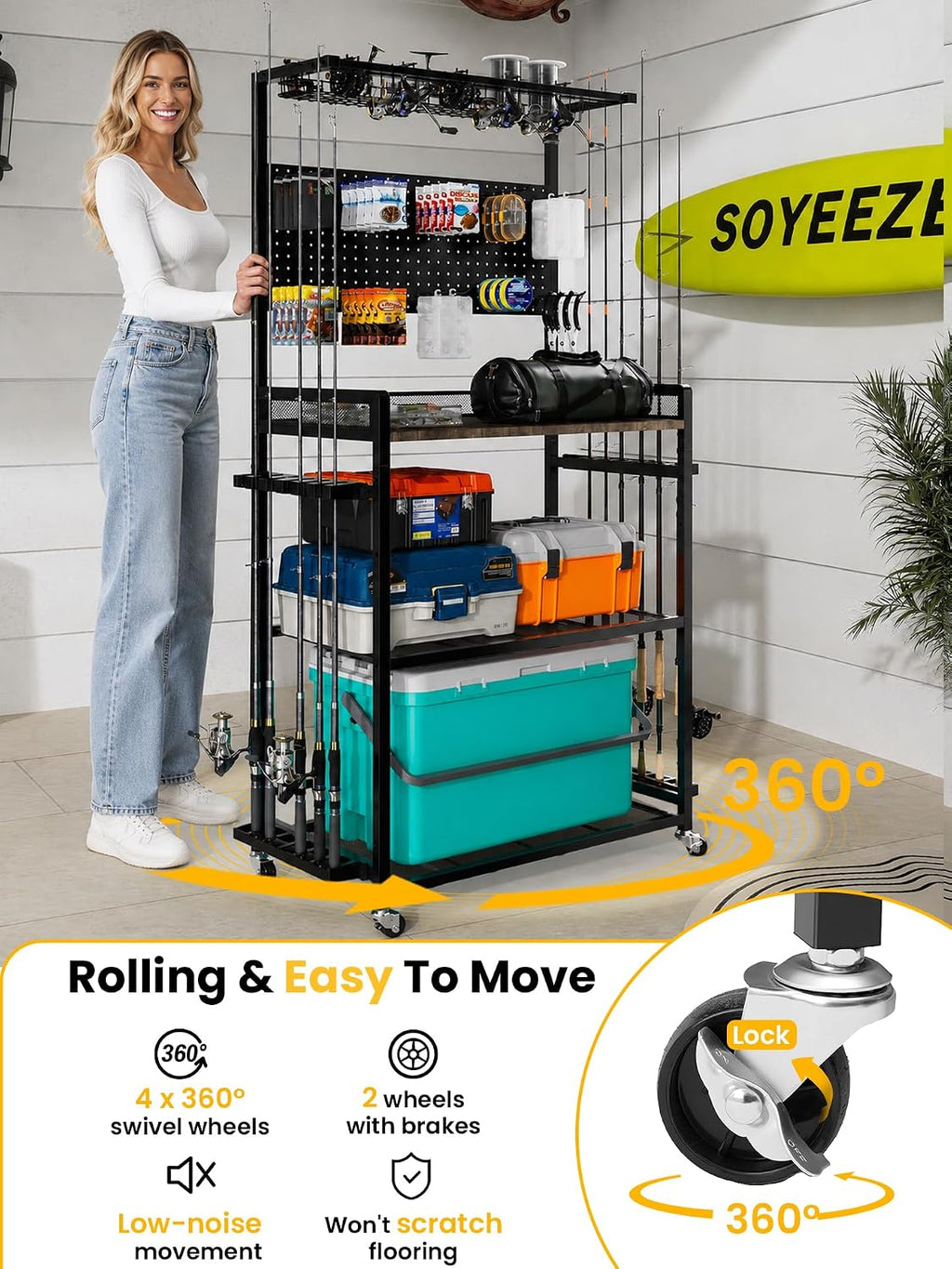 SOYEEZE Fishing Rod Holders for Garage,Fishing Gear Holder for Fishing Rod Tackle Box Storage，Fishing Pole Holders for 12 Rods with Hooks and Pegboard,Fishing Cart with Reel Rack, Large Size