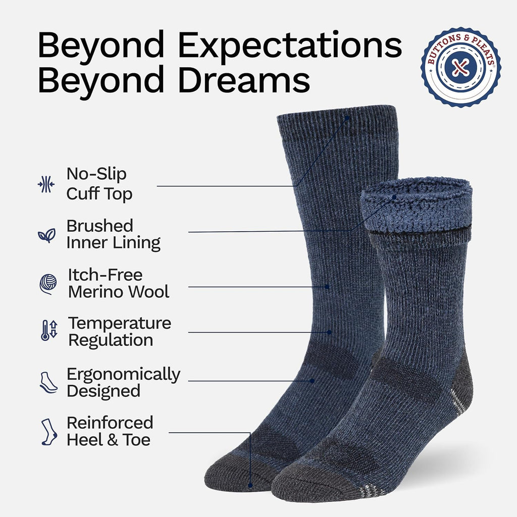 Buttons & Pleats Wool Socks for Men & Women Merino Thermal Warm Cozy Winter Boot Sock