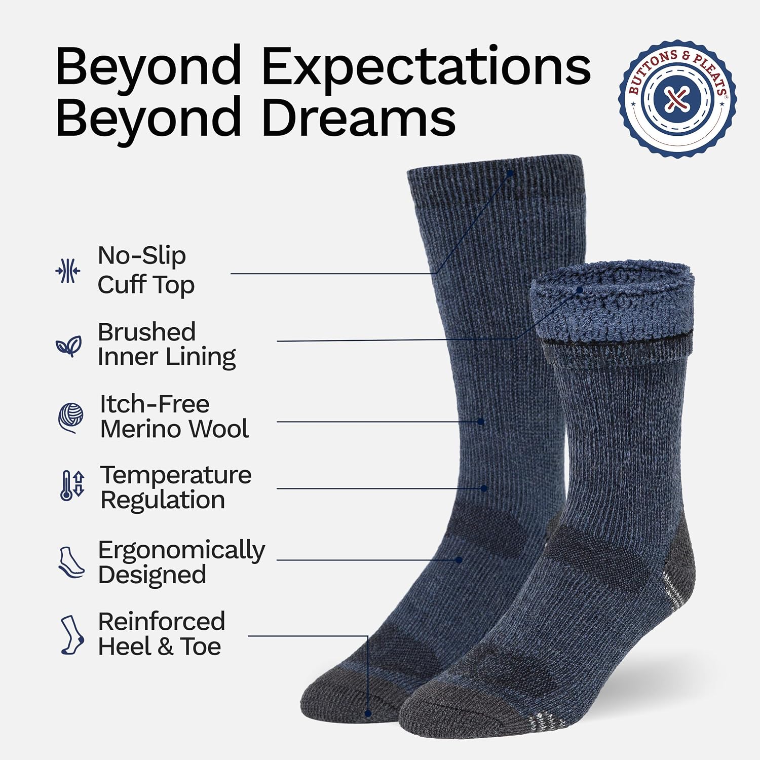 Buttons & Pleats Wool Socks for Men & Women Merino Thermal Warm Cozy Winter Boot Sock