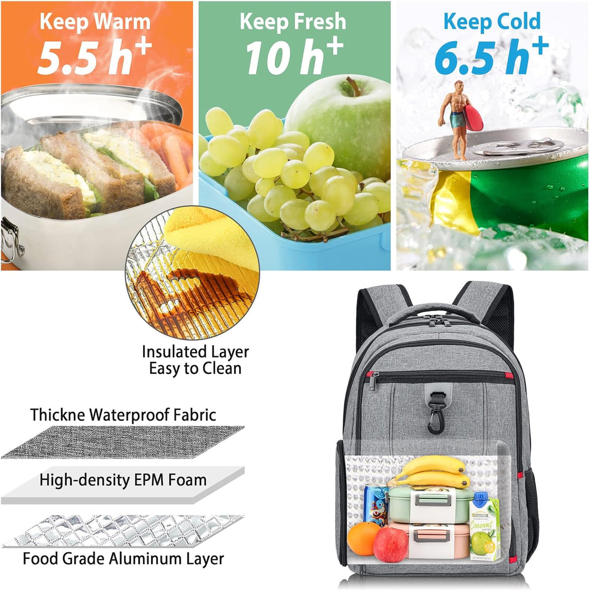 BIKROD Lunch Backpack, Insulated Cooler Lunch Bag Backpack, Large Travel 17.3 Laptop Back Pack Sturdy Computer College School Bookbag for Women Men for Men Women Work Hiking Picnic