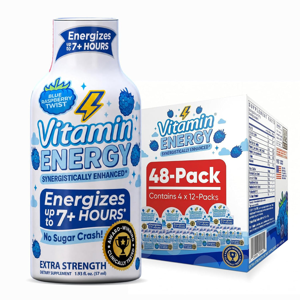 Vitamin Energy Blue Raspberry Twist Extra Strength Energy Shot, 36 Pack - Up to 7 Hrs, 260mg Natural Caffeine, Zero Sugar - Electrolytes + BCAAs, Hydration, B12 B6 Niacin, 1.93 fl oz, Keto Vegan