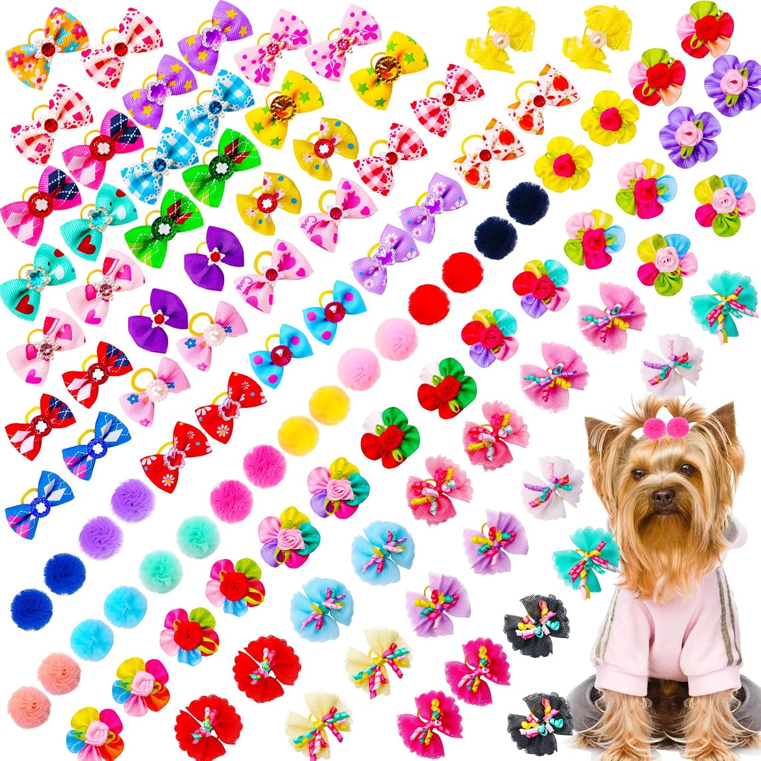 100Pcs Dog Hair Bows with Rubber Bands for Small Medium Dogs