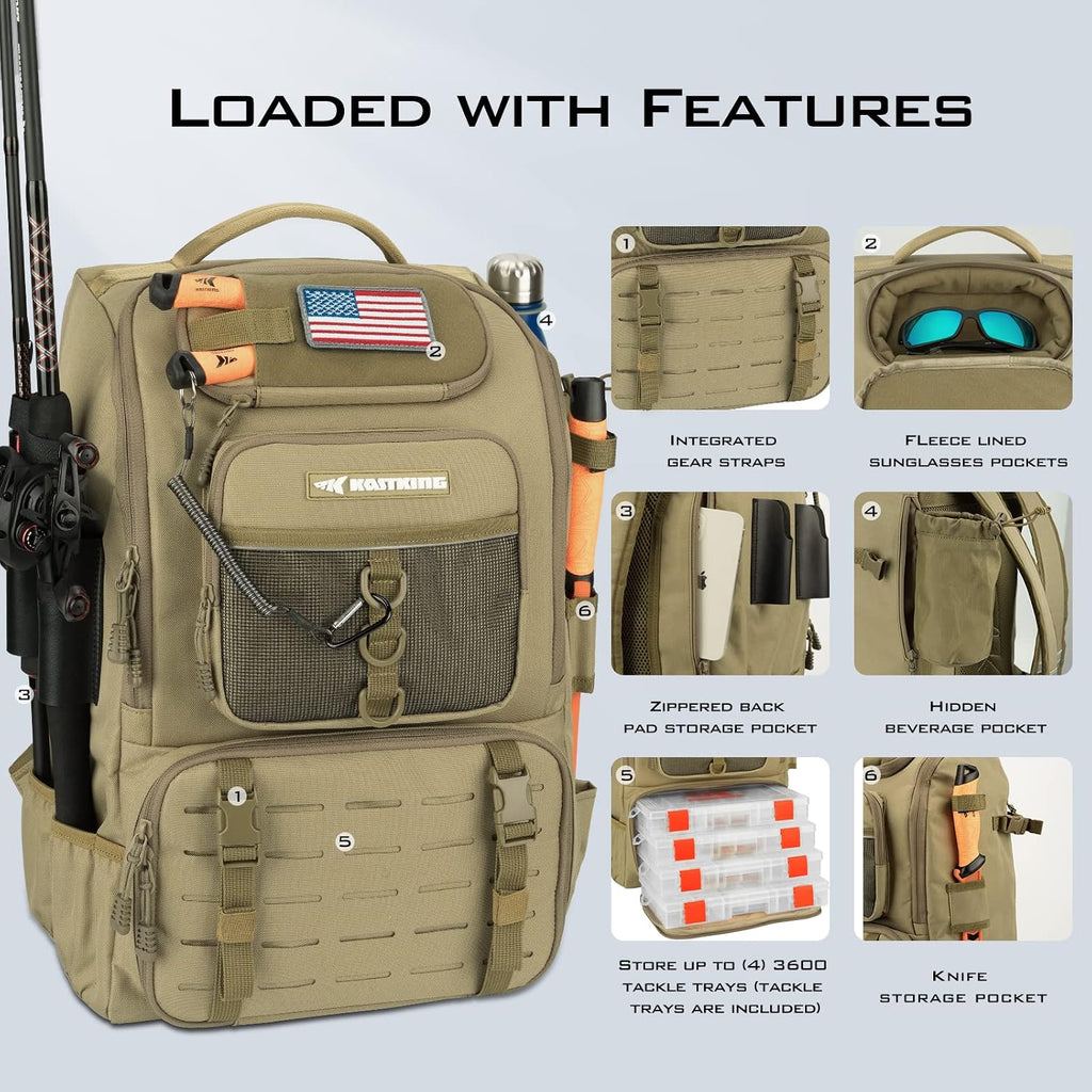 KastKing KarryAll Fishing Backpack with Rod Holder 4 Tackle Boxes, 40/26L