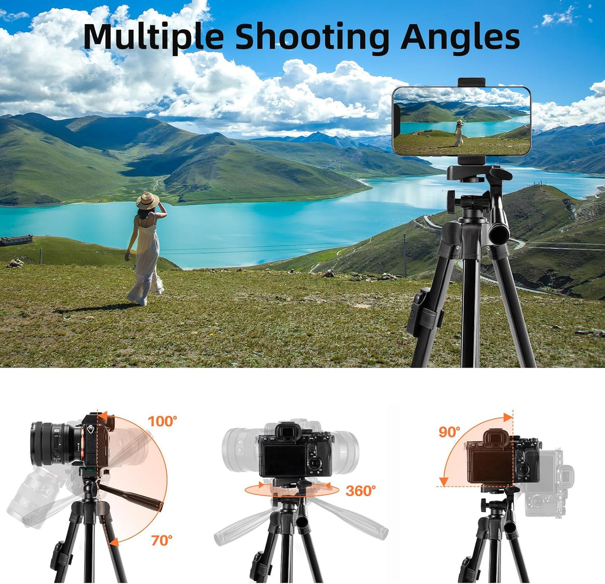 Fotopro Camera Tripod, 51'' Lightweight Portable Travel Tripods for Camera and Phone with 3-Way Head Remote Control Cellphone Holder Travel Bag, Aluminum Phone Tripod Stand for Recording LiveStreaming