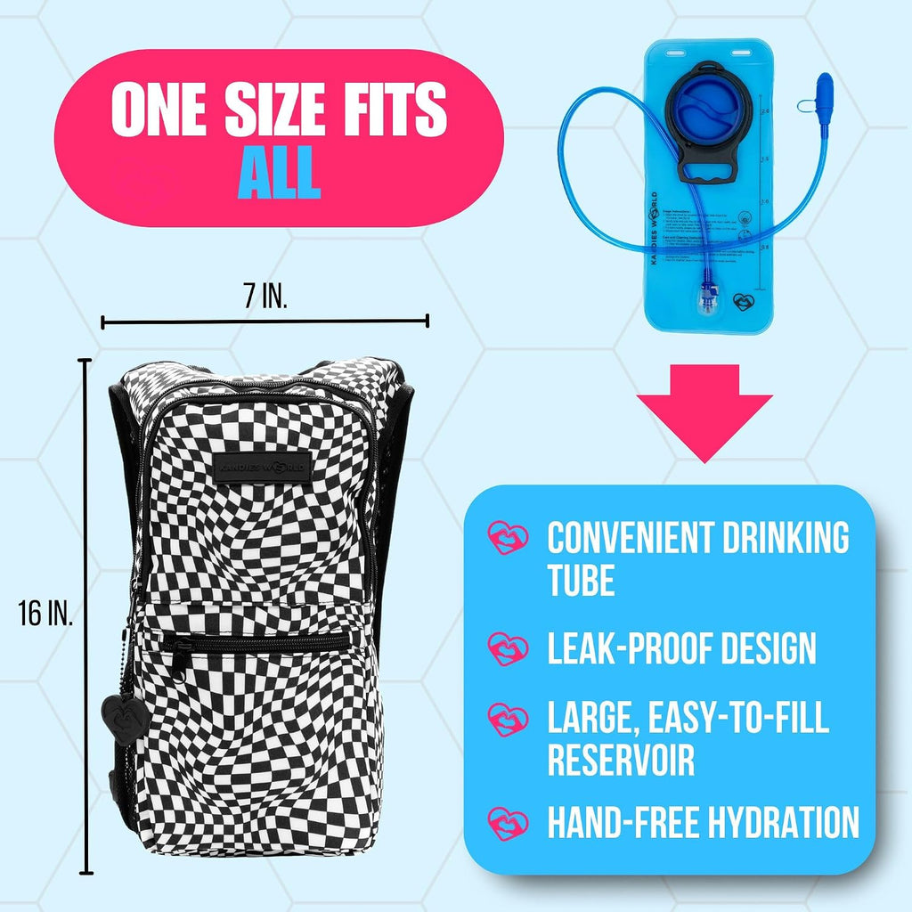 Kandies World Reflective Festival Hydration Pack - 2L Hydropack for Raves, Hiking, Biking, Running, and More (with Anti-Theft Pocket)