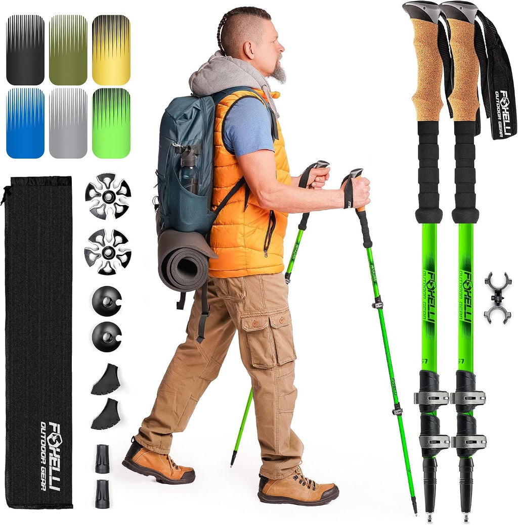 Foxelli Trekking Poles – Lightweight Collapsible Aircraft Grade Aluminum Hiking Poles with Cork Grips Quick Locks & All-Terrain Accessories – Pair of 2