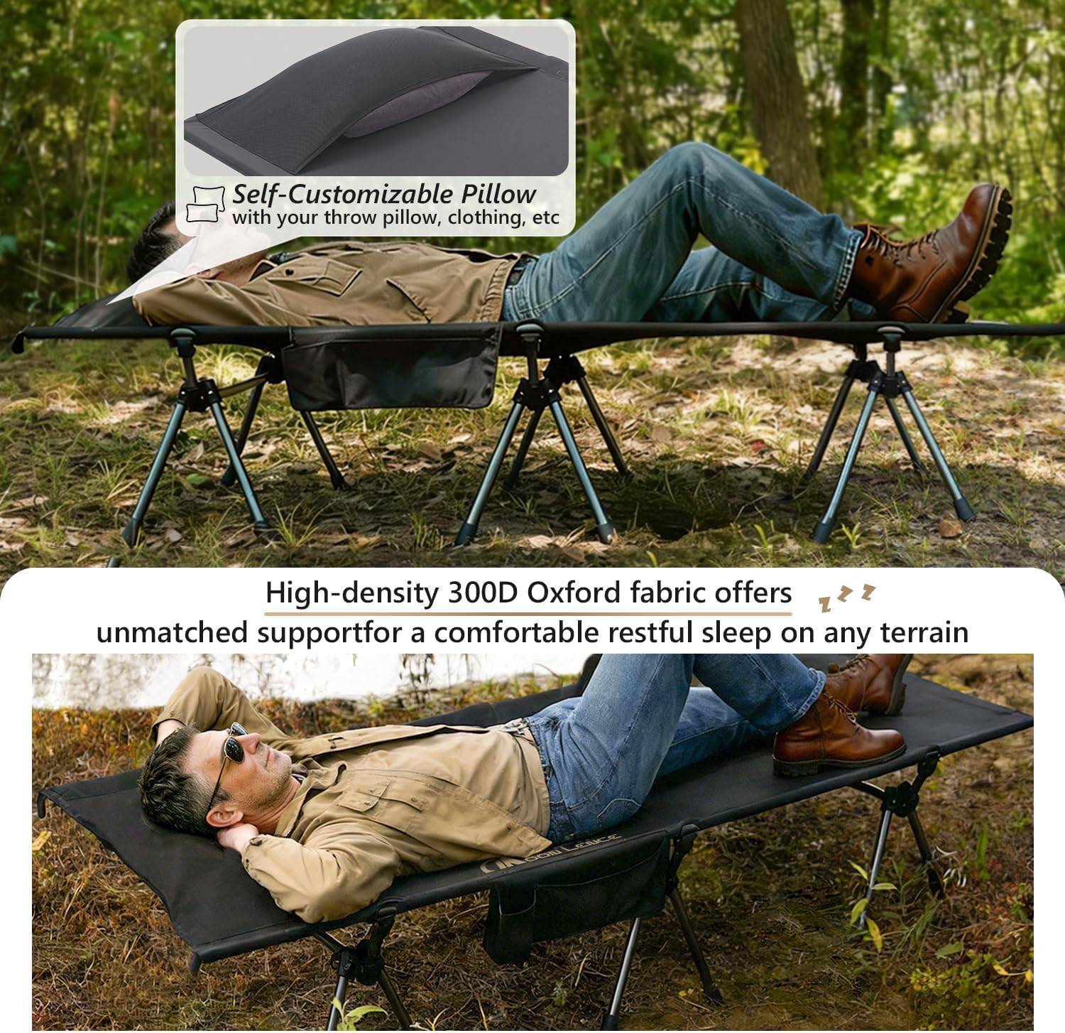 MOON LENCE Camping Cot, Height Adjustable with Cot Leg Extenders, Strong Support 330lbs, Lightweight Comfortable Folding Bed for Camping, Hiking, Travel, Truck, Beach, Office Nap,Backpacking