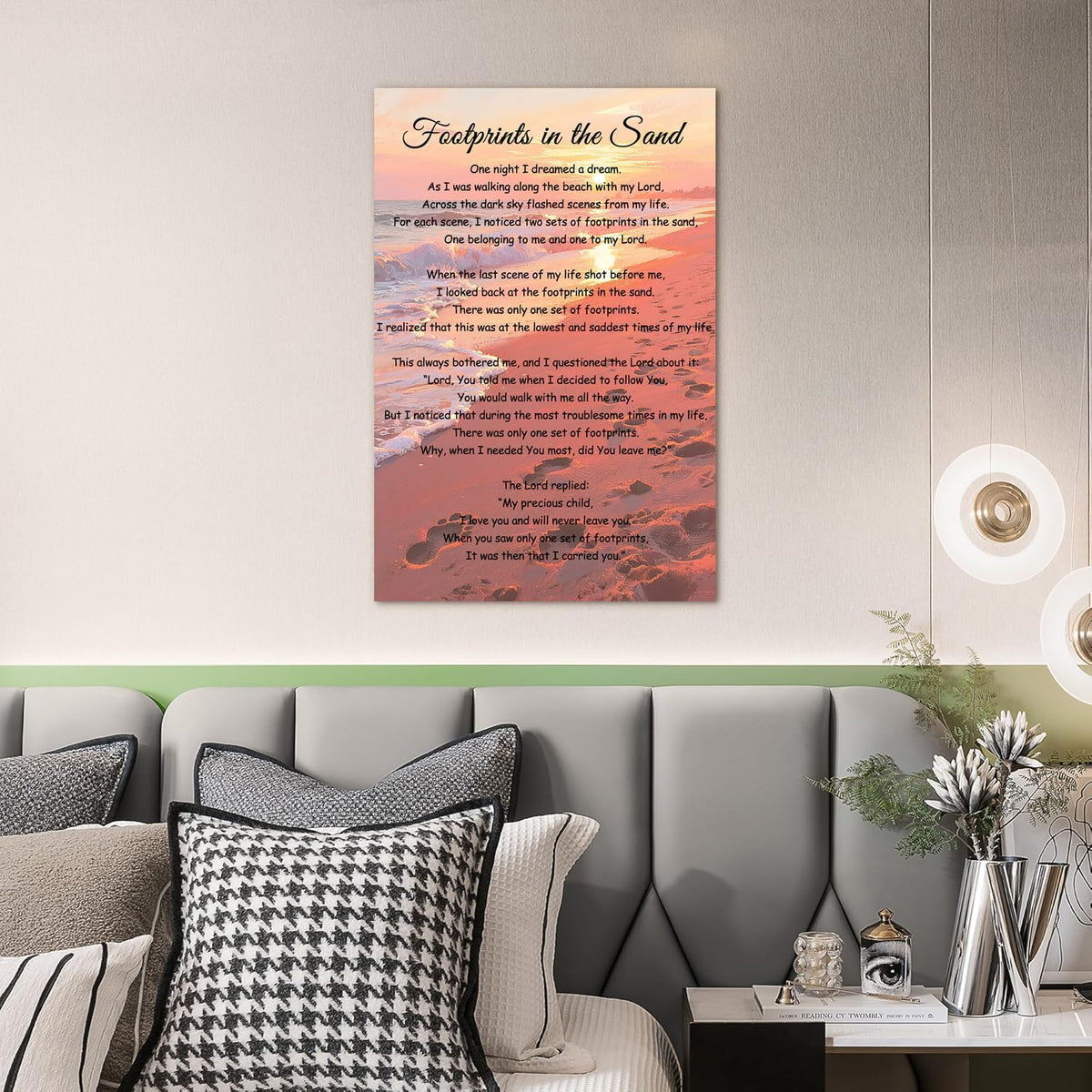 Footprints In The Sand Wall Art Religious Poem Poster Jesus Christian Print Retro Canvas Motivational Quotes Painting Pictures Home Decor Framed 8 * 12 Inch
