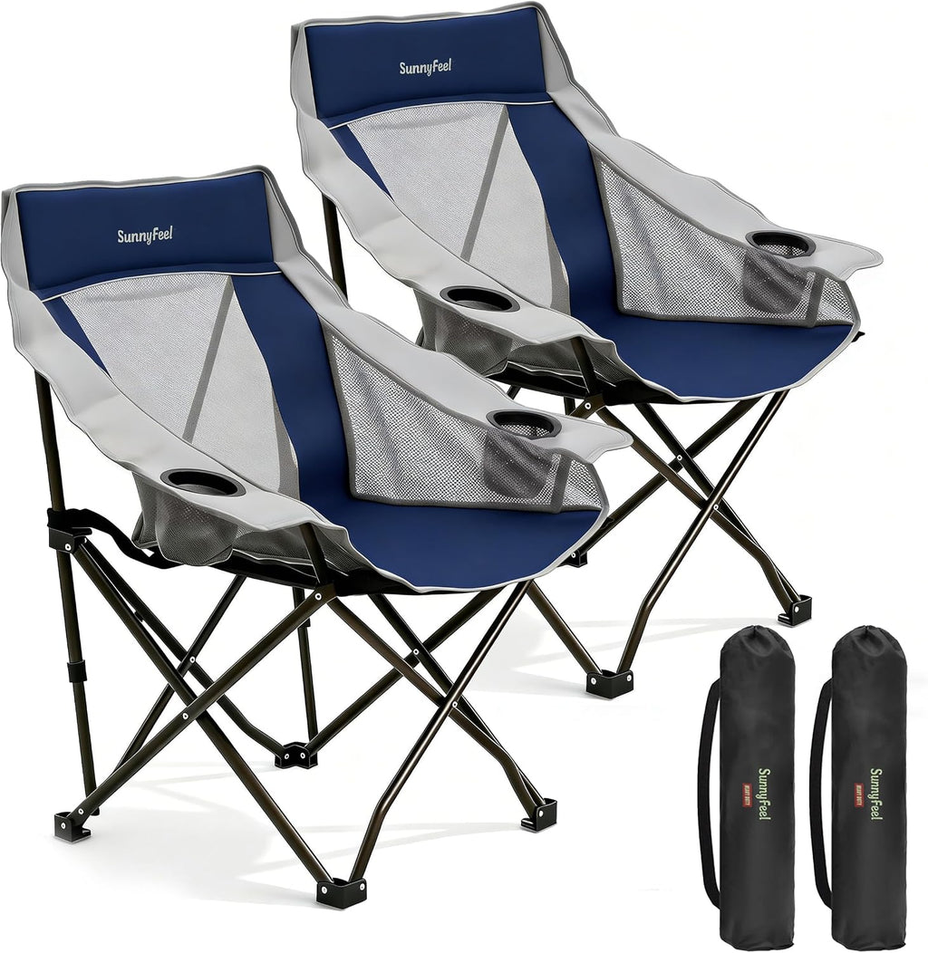 SUNNYFEEL 2 Pack Lightweight Oversized Camping Chairs for Adults, Heavy Duty Portable Folding Chair with Carry Bag, Side Pockets & Cup Holder, Supports 300 lbs, for Tailgating Hiking Picnic Backyard