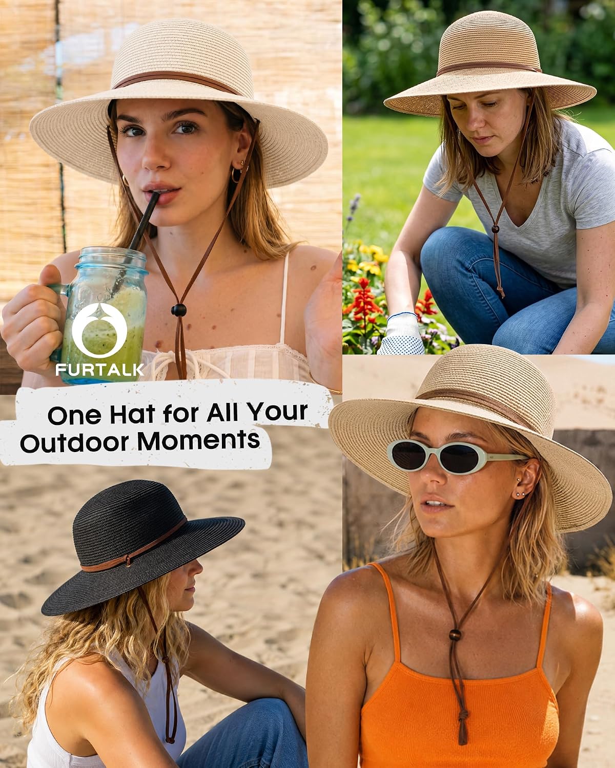 FURTALK Womens Wide Brim Sun Hat with Wind Lanyard UPF Summer Straw Sun Hats for Women