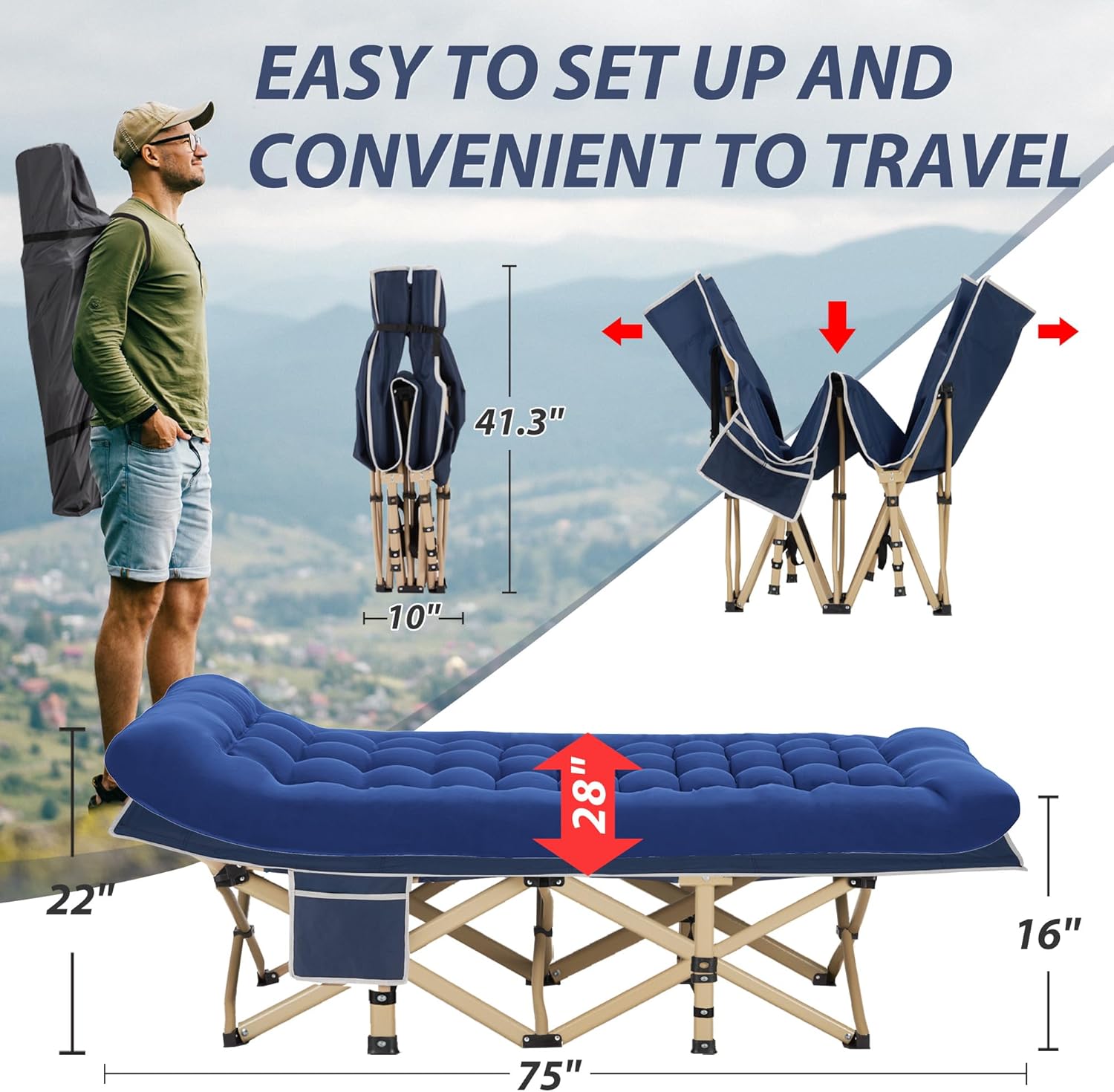 Folding Camping Cot with Mattress for Adults,28" Wide,600LBS