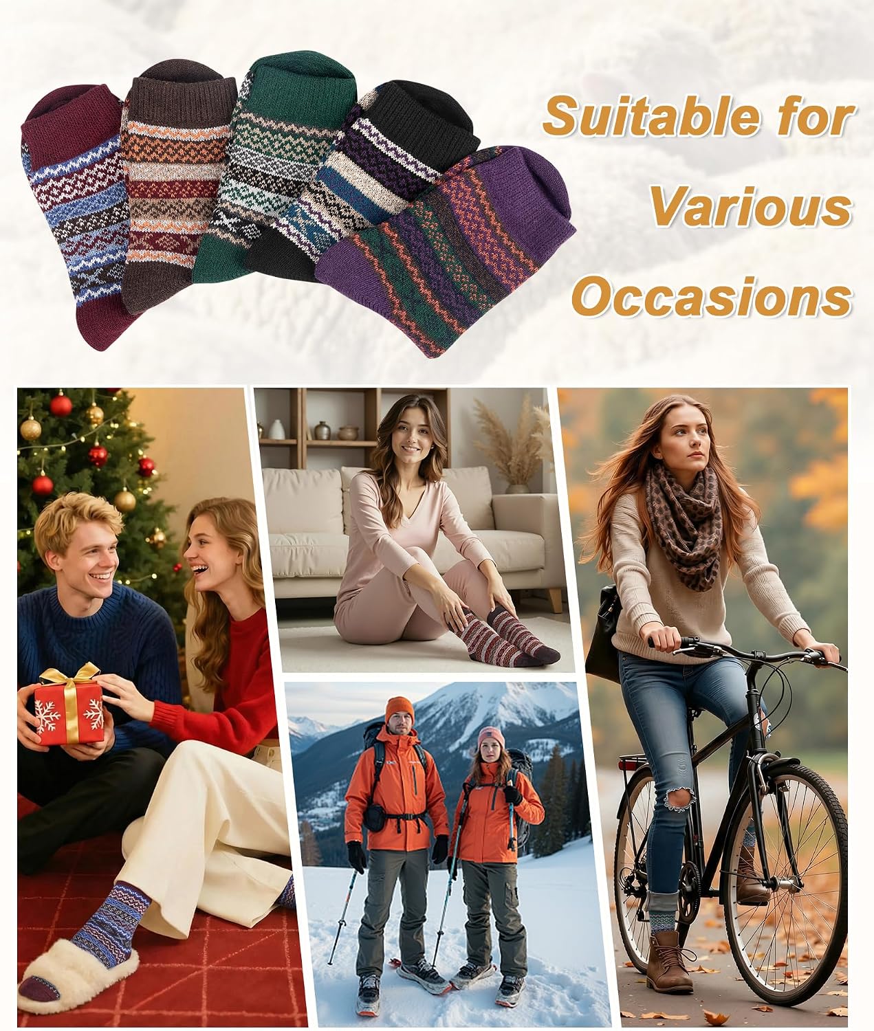 Senker Fashion Wool Socks for Women, 5 Pairs Winter Warm Crew Boot Socks