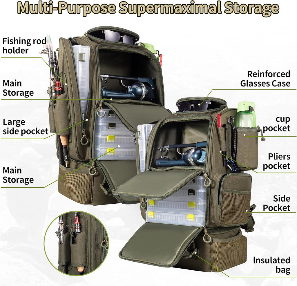 Fishing Backpack with Cooler for 3 Tackle Boxes Fishing Bag with Rod Holder