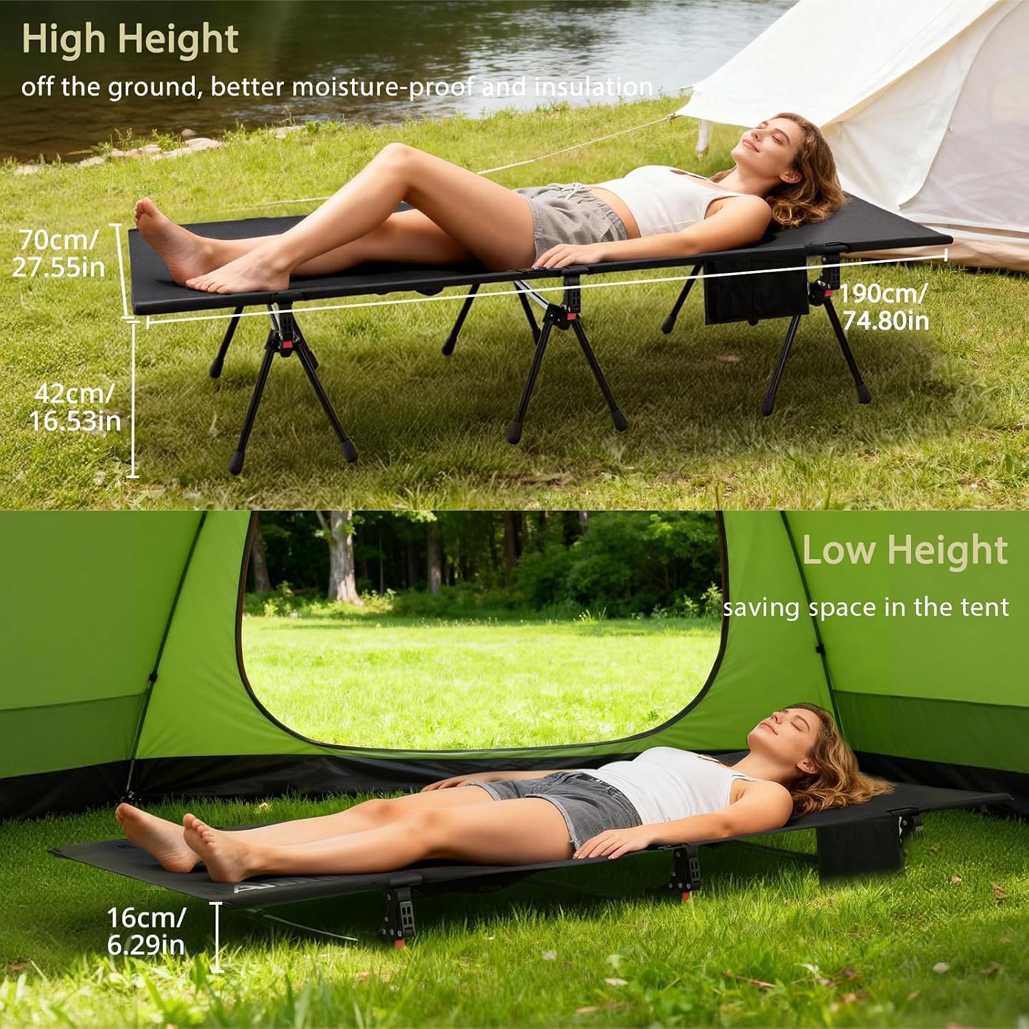 Anbte Height Adjustable Camping Cot, Support 400 lbs, Portable for 1 Person