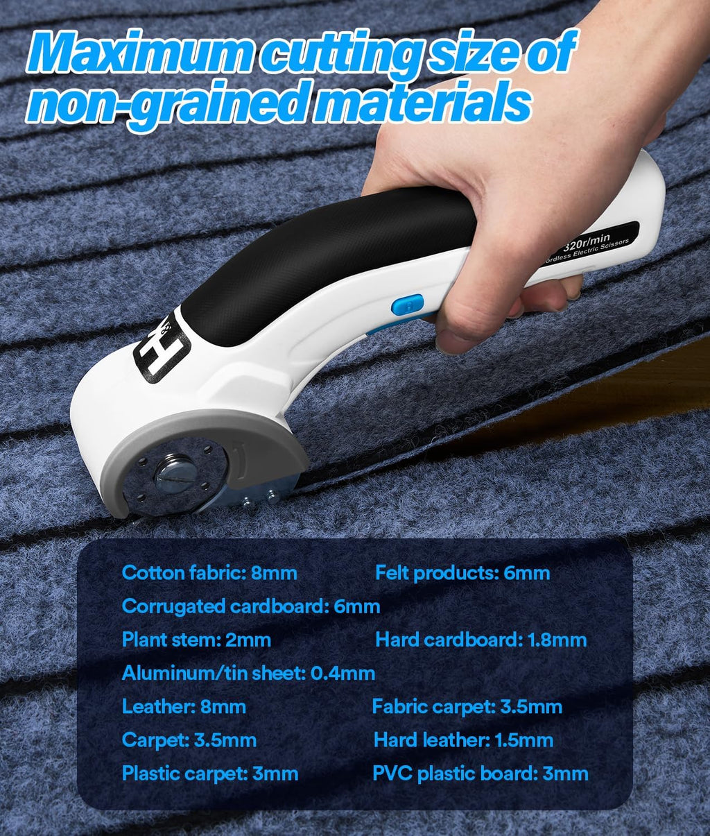 HK Cordless Electric Scissors, 4V Electric Box Cutter, Carpet & Cardboard Cutter with a Replacement Blade/Charger, Rotary Cutter for Cardboard Packages Leather Plastic (White)