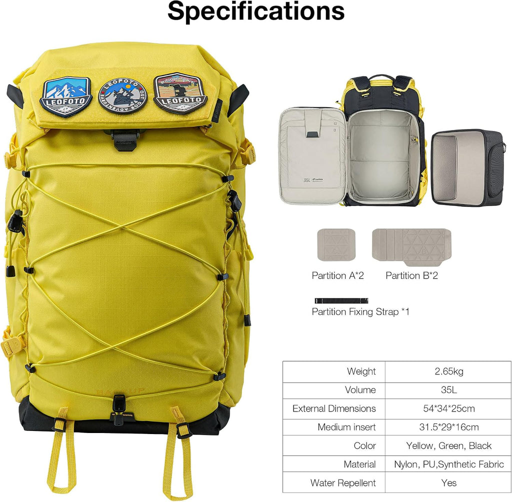 LEOFOTO 35L Camera Backpack for Photographer, Lightweight Waterproof Travel Camera Bag for Camera/Drone/15.6" Laptop, Photopraphy Bag with Side Access & Rain Cover, Tripod Compatible, 2.65KG - YELLOW
