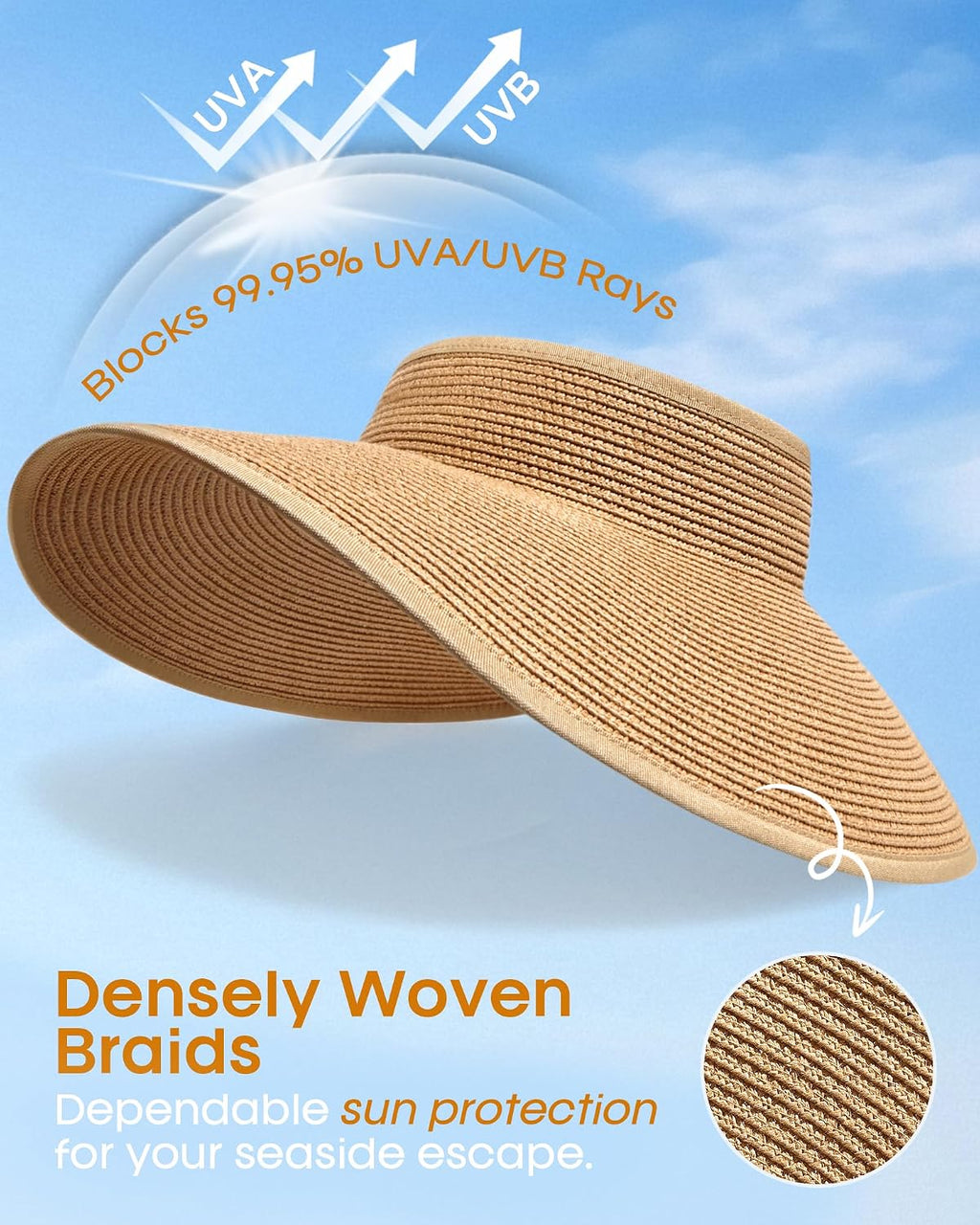 Womens Sun Visor Hats Wide Brim Straw Beach Hat UV Protection Ponytail Packable Beach Vacation Essentials
