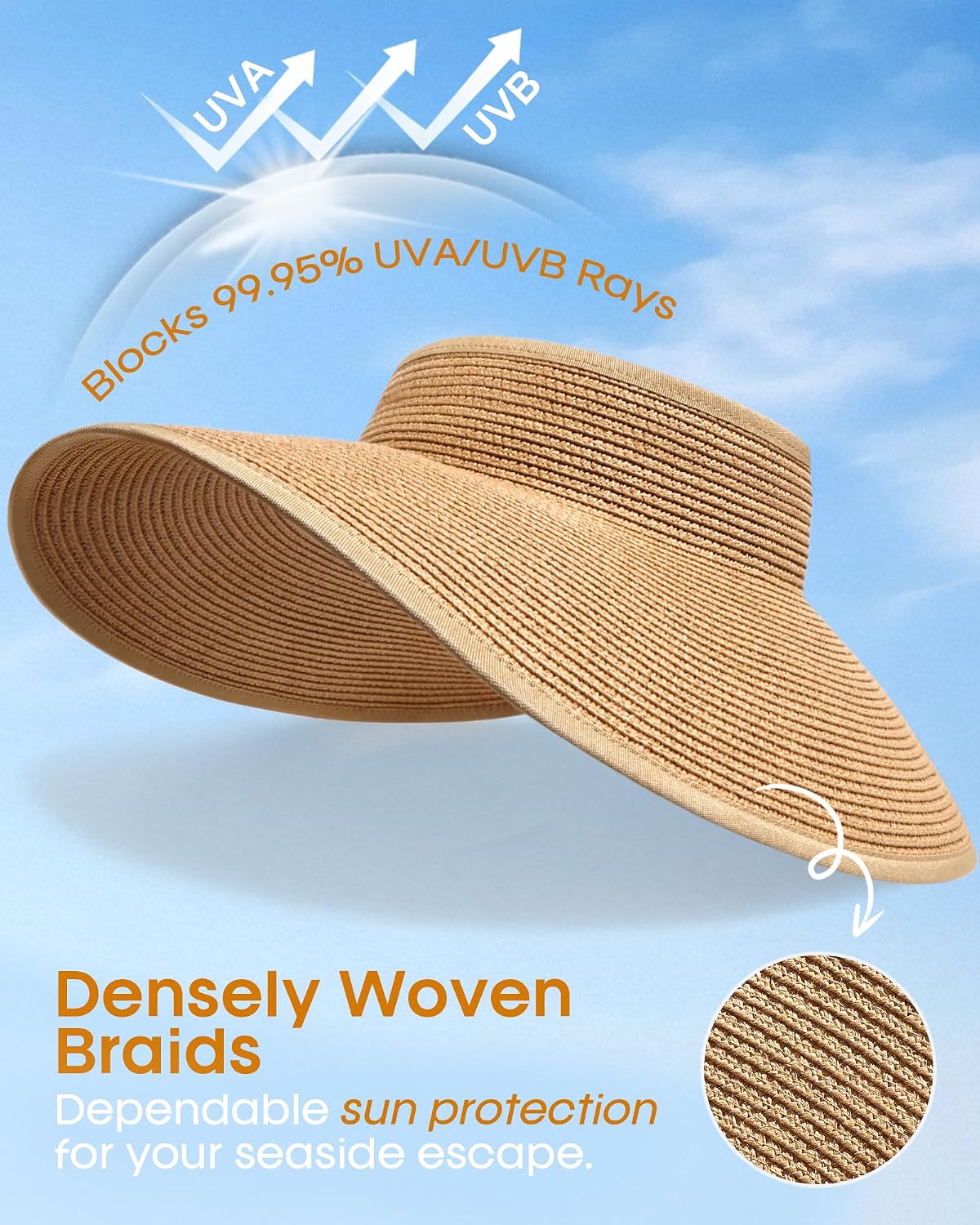 Womens Sun Visor Hats Wide Brim Straw Beach Hat UV Protection Ponytail Packable Beach Vacation Essentials