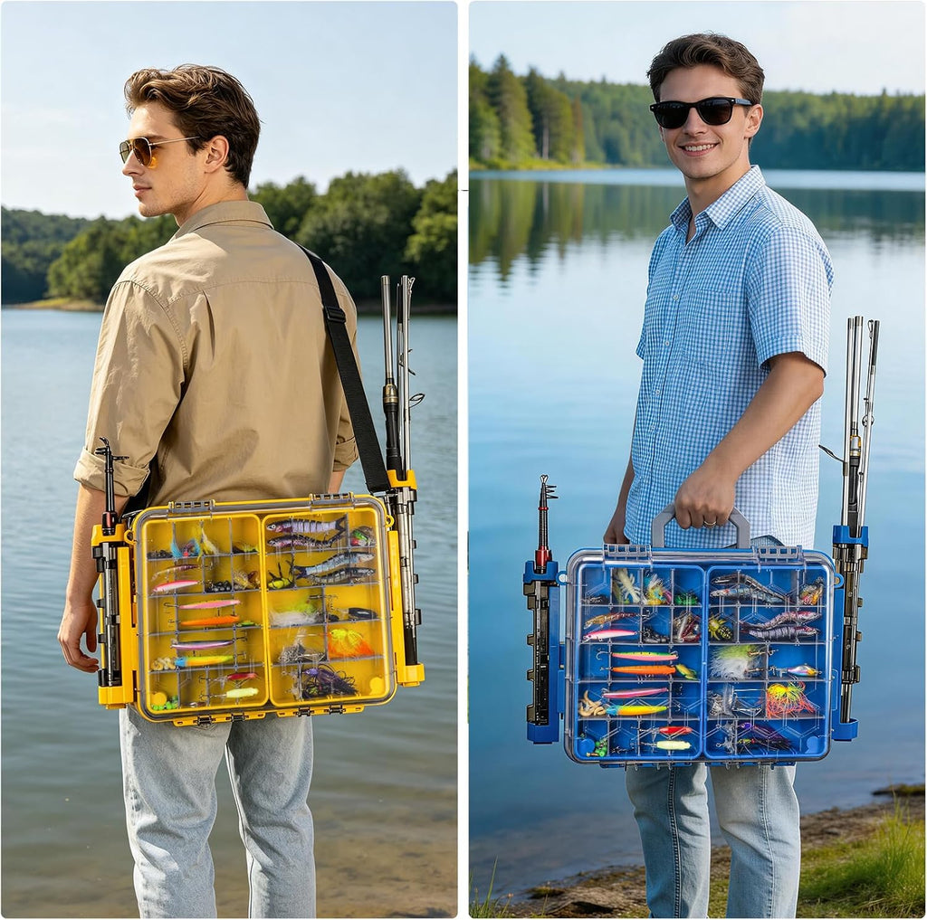 THKFISH Waterproof Double Side Tackle Box, Portable Storage Box with 2 Pack 3500 Stowaway Boxes & Rod Holders, Fishing Lure Organizer YellowPink/Green/Blue/Grey (L-Yellow)