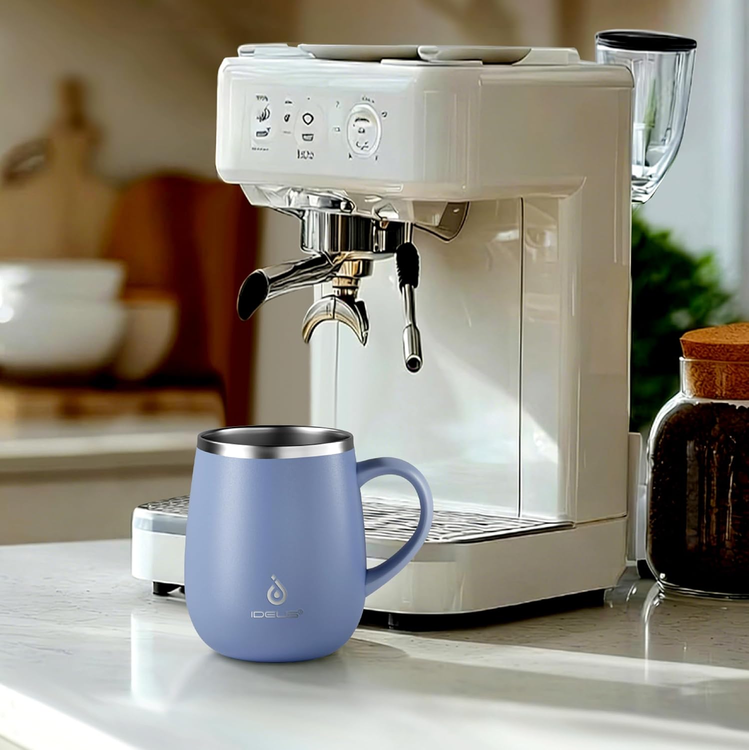 Ideus 16 oz Insulated Coffee Mug with Lid and Handle (Ocean Blue 2.0)