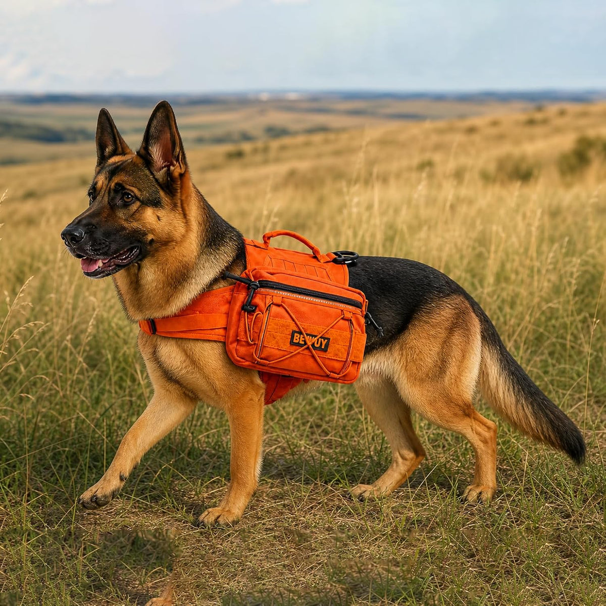 Tactical Dog Backpack for Medium Large Dogs, Reflective Pack Harness with Storage, Poop Bag Pocket, Includes Free Anti-Pull Leash (Orange, M)