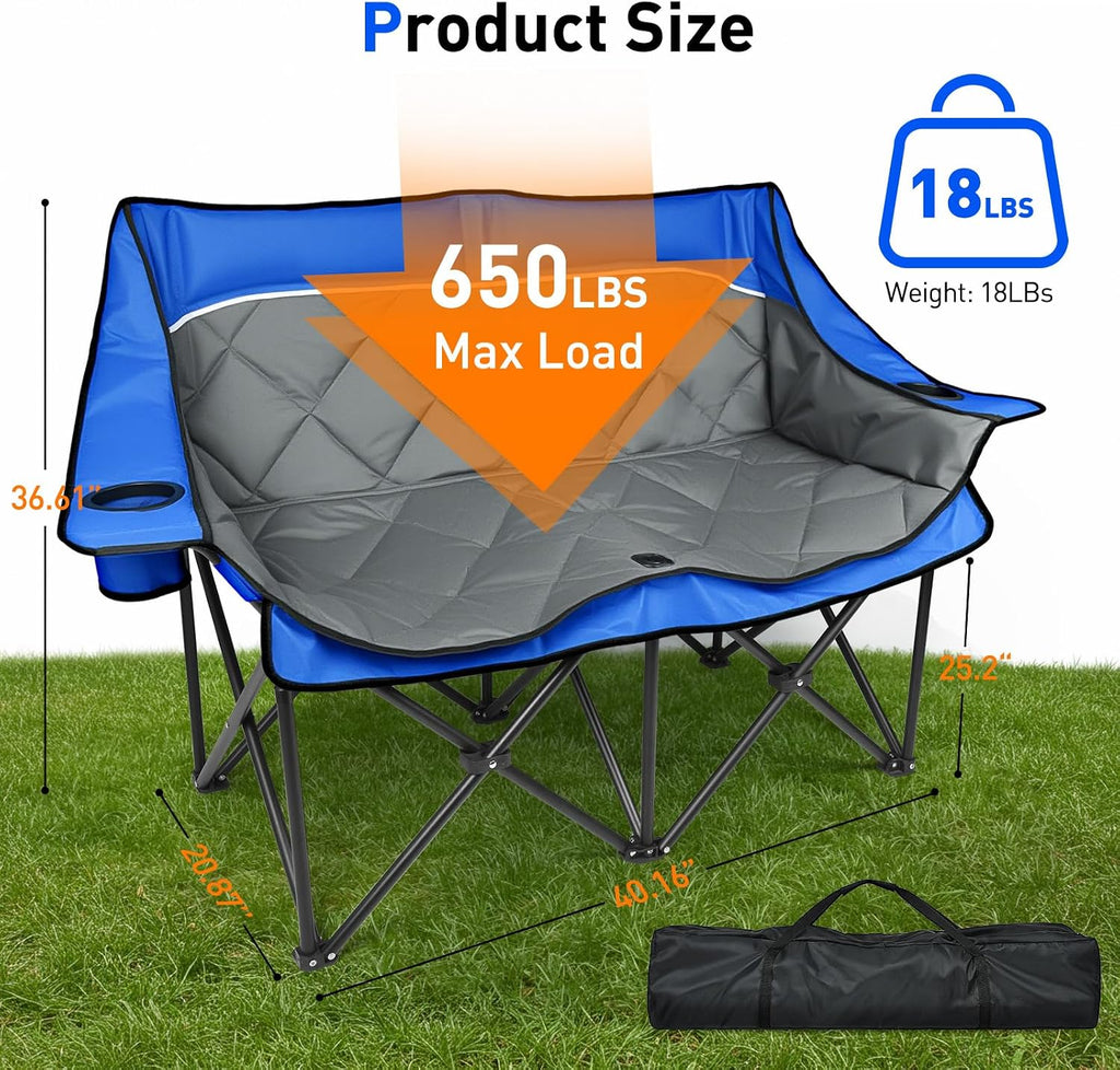 Double Camping Chair, Heavy Duty Folding Loveseat Camping Chairs, Blue