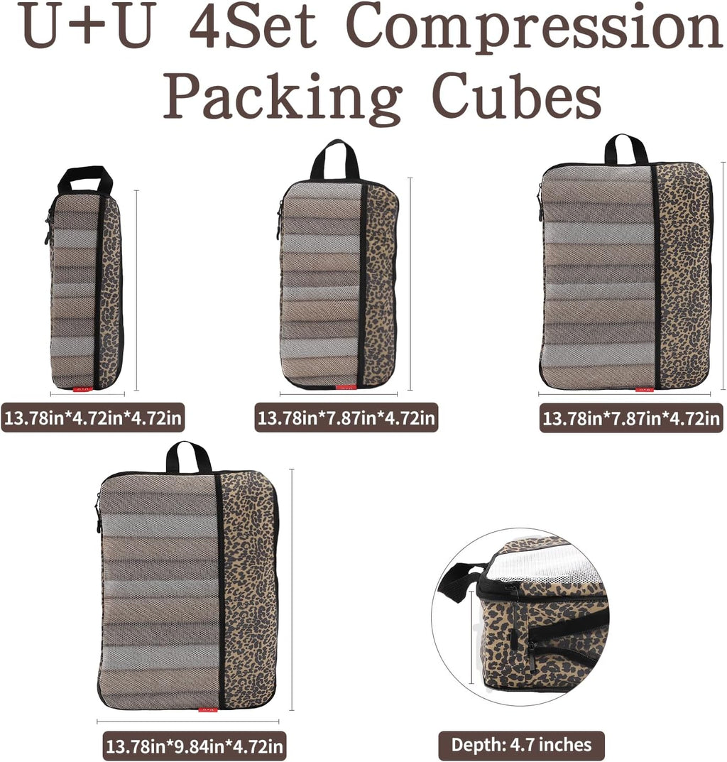 U+U 4 Set Compression Packing Cubes - Ultralight Travel Cubes (Leopard)