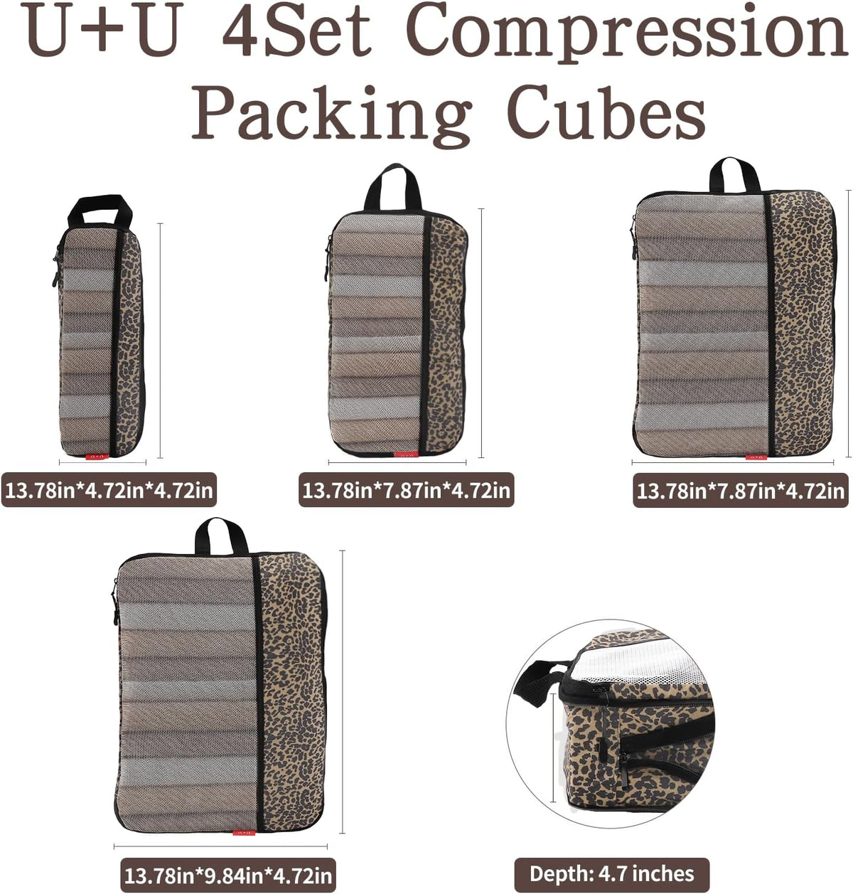 U+U 4 Set Compression Packing Cubes - Ultralight Travel Cubes (Leopard)