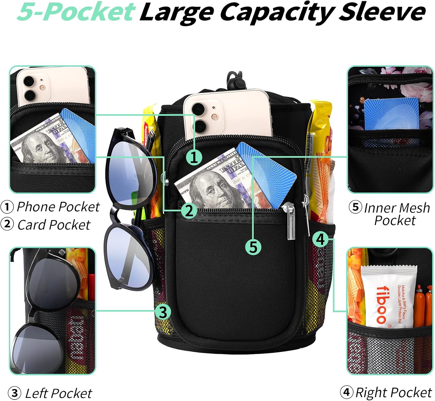 AceTreker 32/40/64/87/128 oz Water Bottle Carrier Bag, Neoprene Water Bottle Sleeve with 4 Pocket, Sport Water Holder with Paracord Handle and Shoulder Strap for Walking Hiking Camping Gym