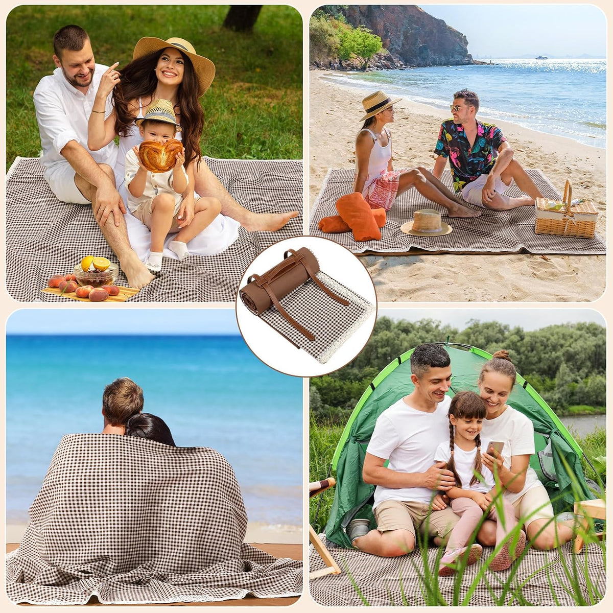 VitalCozy Gingham Picnic Blankets 59x78 in Outdoor Waterproof, Coffee White