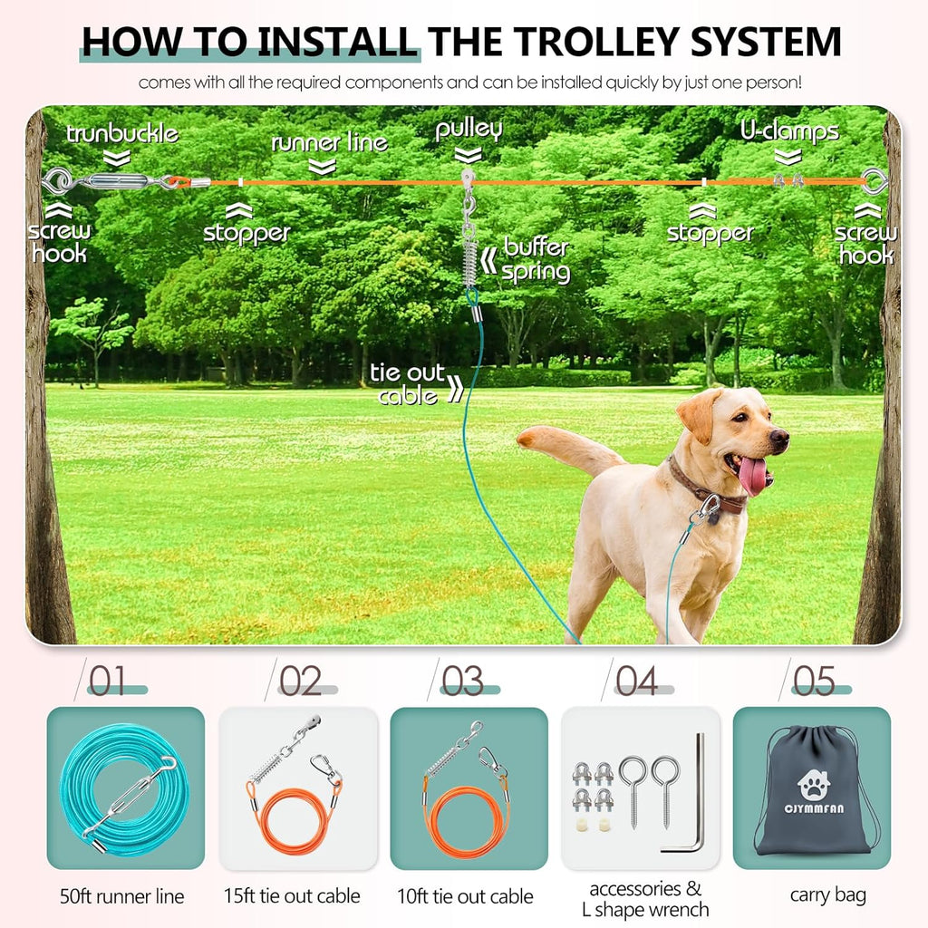 Professional Dog Runner Trolley System，Heavy Duty & Adjustable 50ft Dog Zip Line with 10ft & 15ft Tie Out for Large Dogs Up to 250lbs, Chew Proof Dog Run Cable for Yard, Camping & Outdoor Adventure
