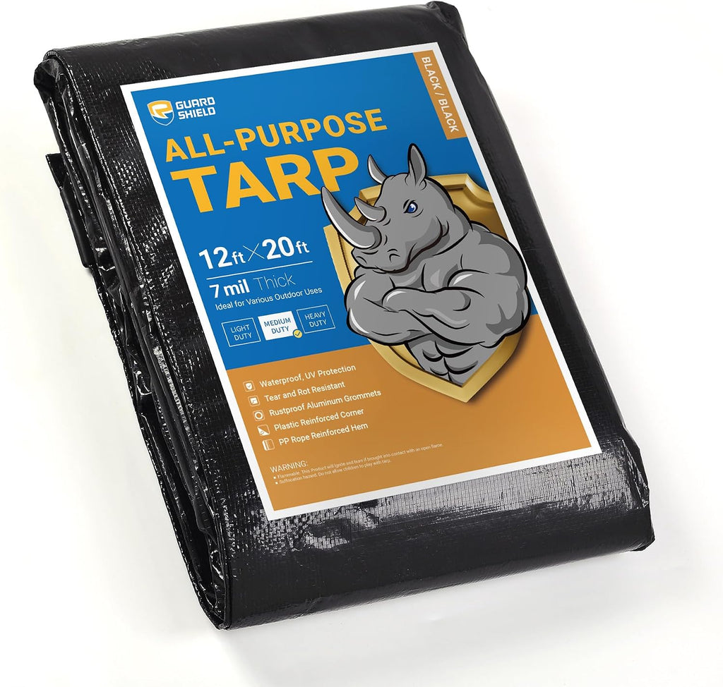 GUARD SHIELD Black Tarp Waterproof 12x20 Feet All Purpose 7mil Tarps
