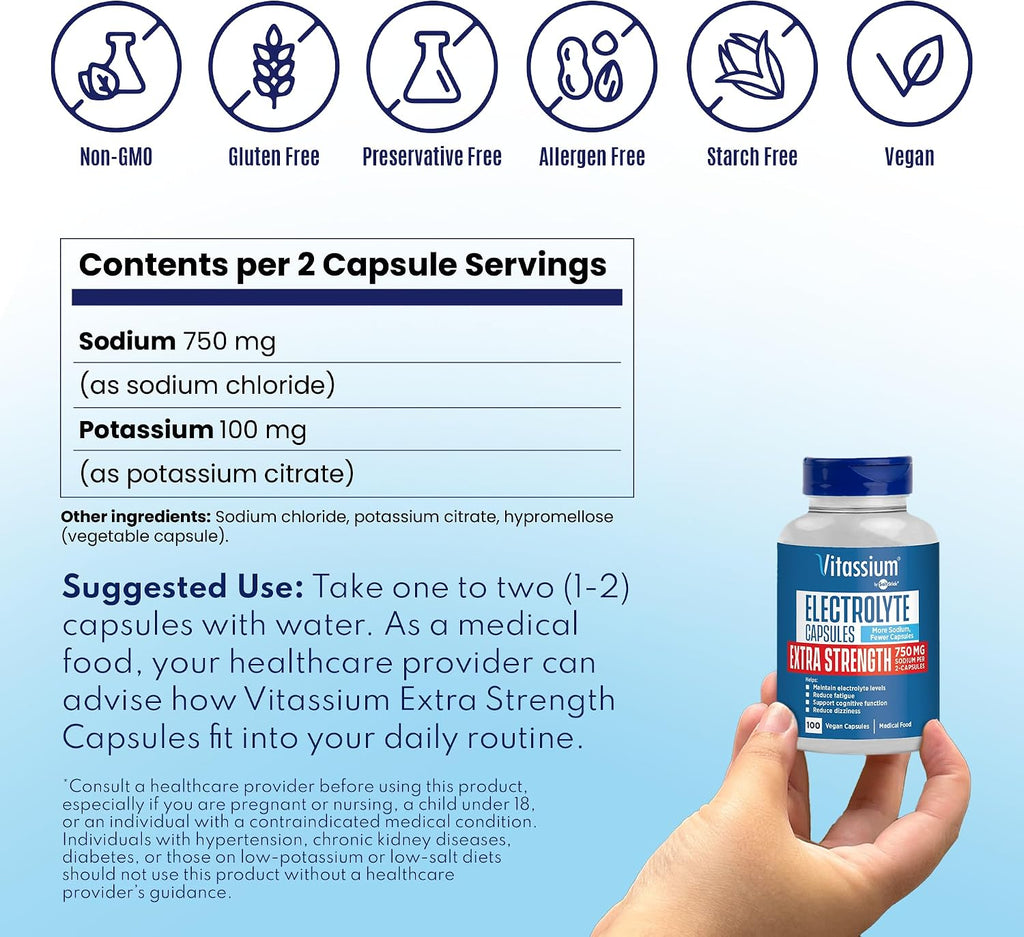 Vitassium Salt Pills Plus Strength For POTS Scientifically Formulated 100ct