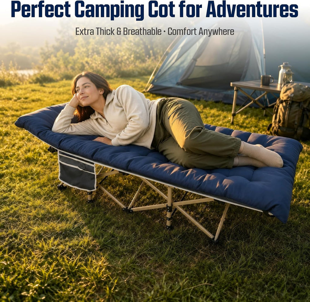ARAER Camping Cot for Adults, 28in Wide with Mattress (Navy Blue)