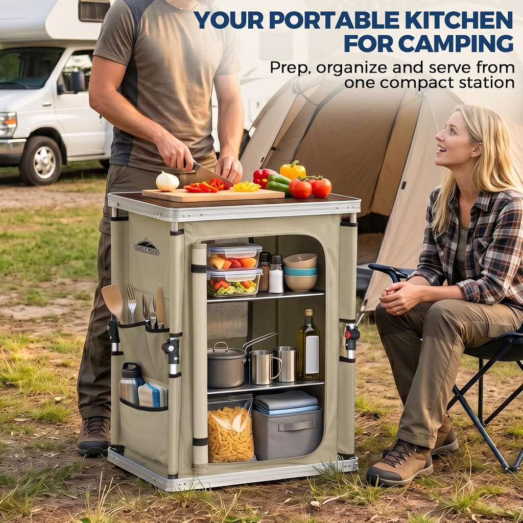 EAGLE PEAK Outdoor Folding Camping Table with Large 3-Tier Storage Organizer and Side Pockets, Easy Set Up Portable Aluminum Camping Kitchen, Beige