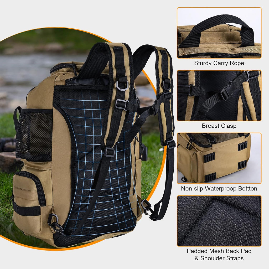 Goture 40L Khaki Fishing Tackle Backpack w/Cooler & fishing tackle boxes