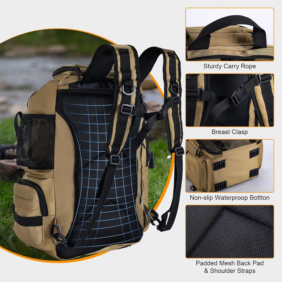 Goture 40L Fishing Tackle Backpack Khaki Water-Resistant Fishing Cooler Bag