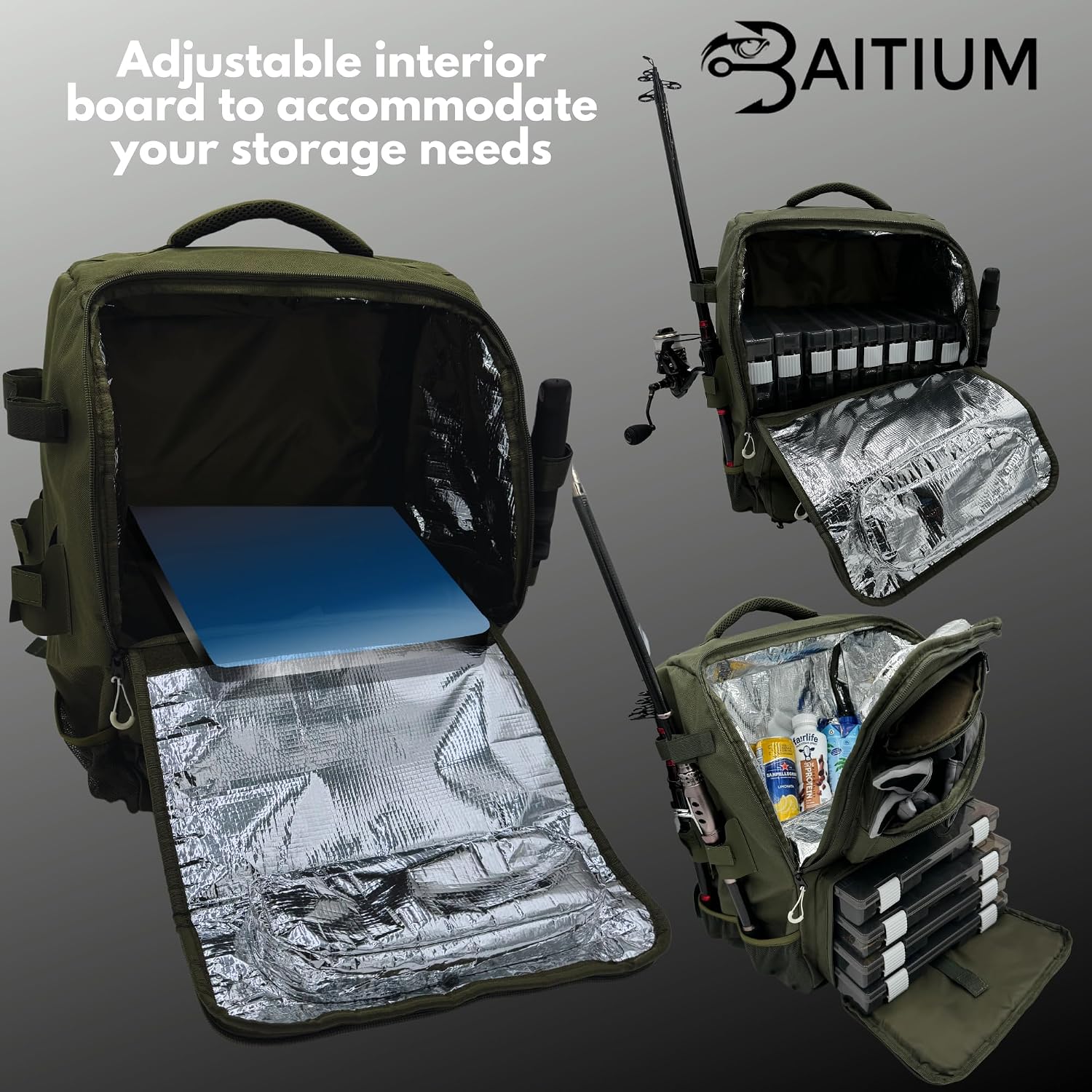 Baitium Fishing Backpack, Tackle Bag With Rod Holders, 40L Capacity With Cooler, Rain Cover, Insulated Pocket, 4 Tackle Trays Included - (Grey)