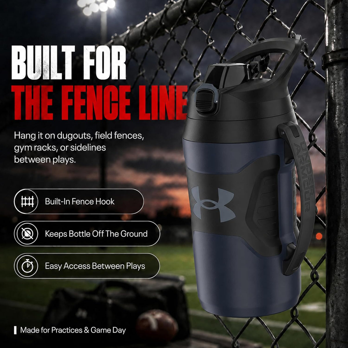 Under Armour Insulated Water Bottle with Handle & Fence Hook, Half Gallon Sports Water Jug, Leak-Resistant & BPA-Free for Baseball, Football & Gym - Academy/Black, 64oz