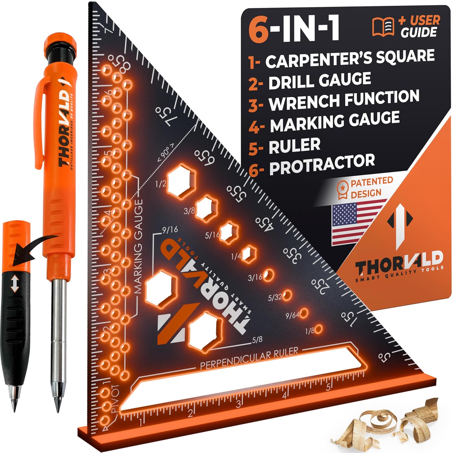 THORVALD 2 Carpenter Square 7 inch (1/16" Precision) + 2 Pencils + 12 Leads - T Square Multi-Purpose Carpenter Tools : Wrench, Protractor, Ruler, Marking Gauge, Drill Gauge, Carpentry Pencil